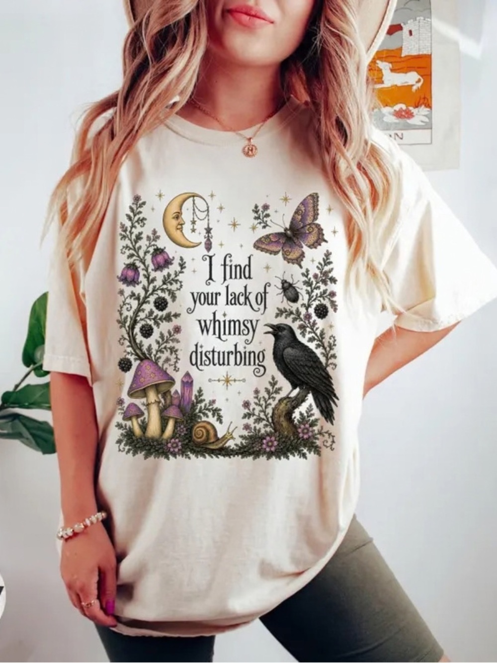 Gildan Cream Fairy Graphic Tee with Whimsical Moon, Raven & Mushroom Art